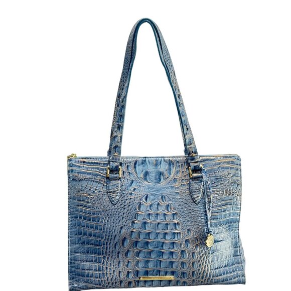Brahmin Embossed Crocodile Blue Leather Women's Shoulder Bag With Gold Accents - Picture 2 of 12